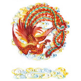 Vibrant phoenix illustration with red and orange feathers, surrounded by colorful clouds.