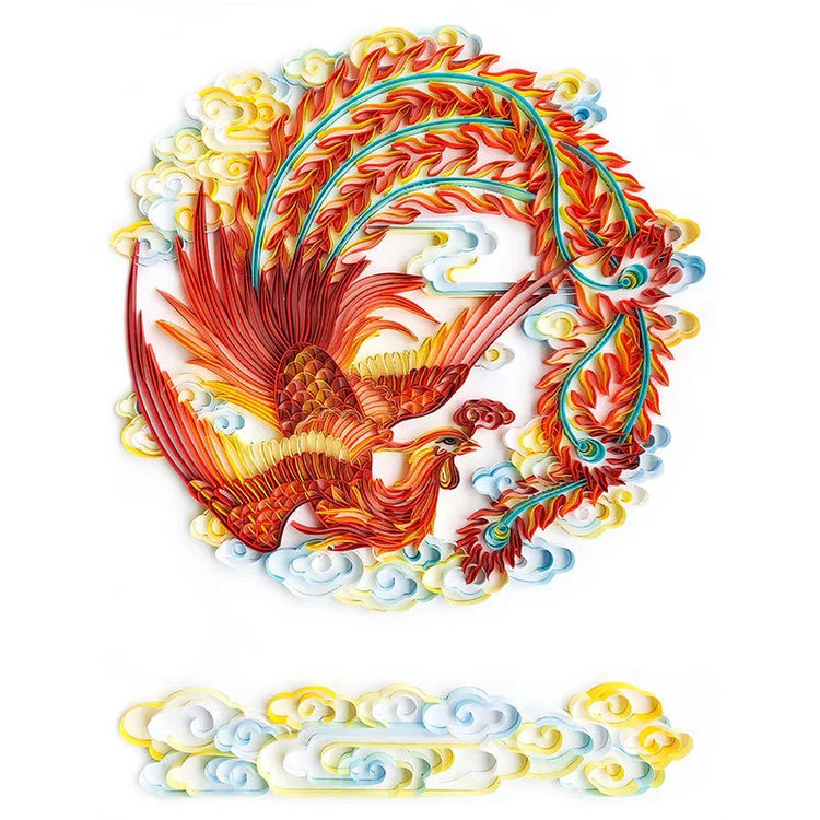 Vibrant phoenix illustration with red and orange feathers, surrounded by colorful clouds.