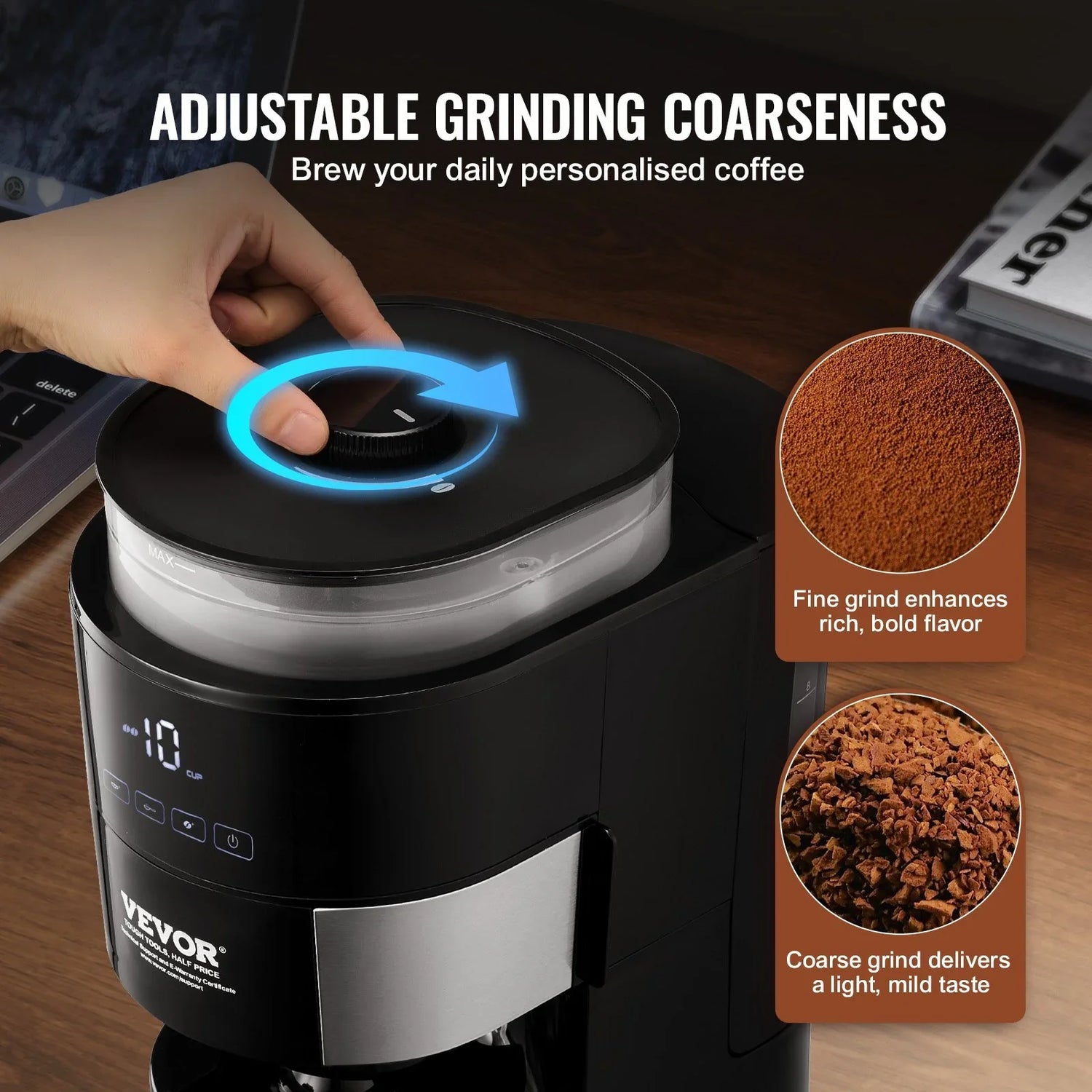 Touching adjustable grinder on a modern black coffee maker with digital display, showing fine and coarse grind coffee options.