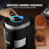 Touching adjustable grinder on a modern black coffee maker with digital display, showing fine and coarse grind coffee options.