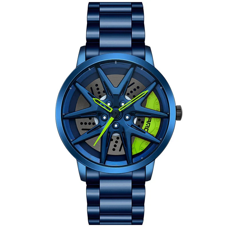 Futuristic blue metal watch with neon green accents and unique wheel-inspired dial design