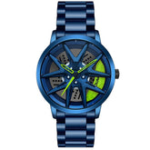 Futuristic blue metal watch with neon green accents and unique wheel-inspired dial design