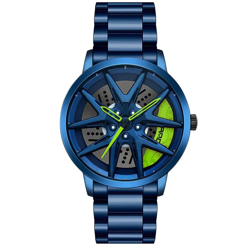 Futuristic blue metal watch with neon green accents and unique wheel-inspired dial design