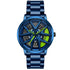 Futuristic blue metal watch with neon green accents and unique wheel-inspired dial design