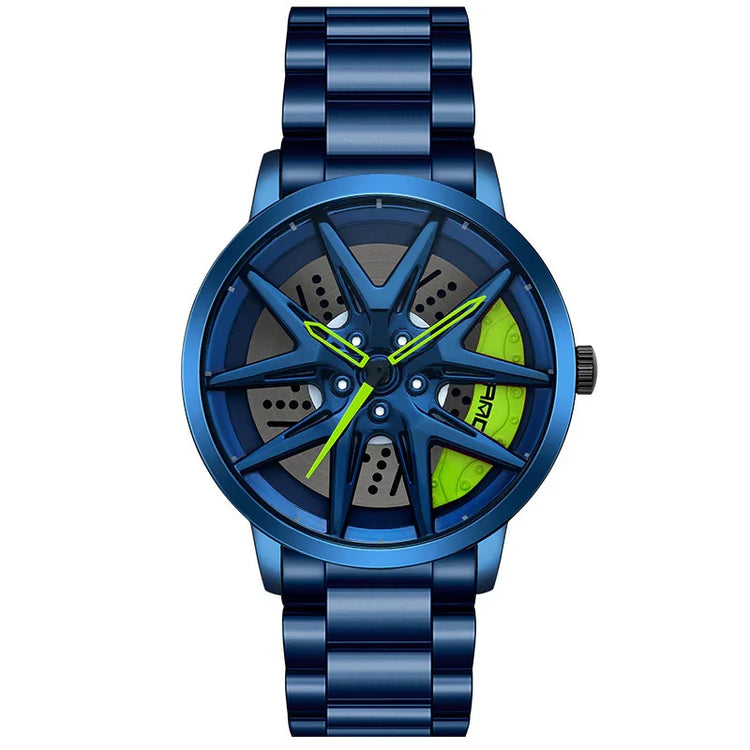 Futuristic blue metal watch with neon green accents and unique wheel-inspired dial design