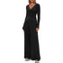Woman in black long-sleeve, wide-leg jumpsuit, V-neck, relaxed fit, soft fabric