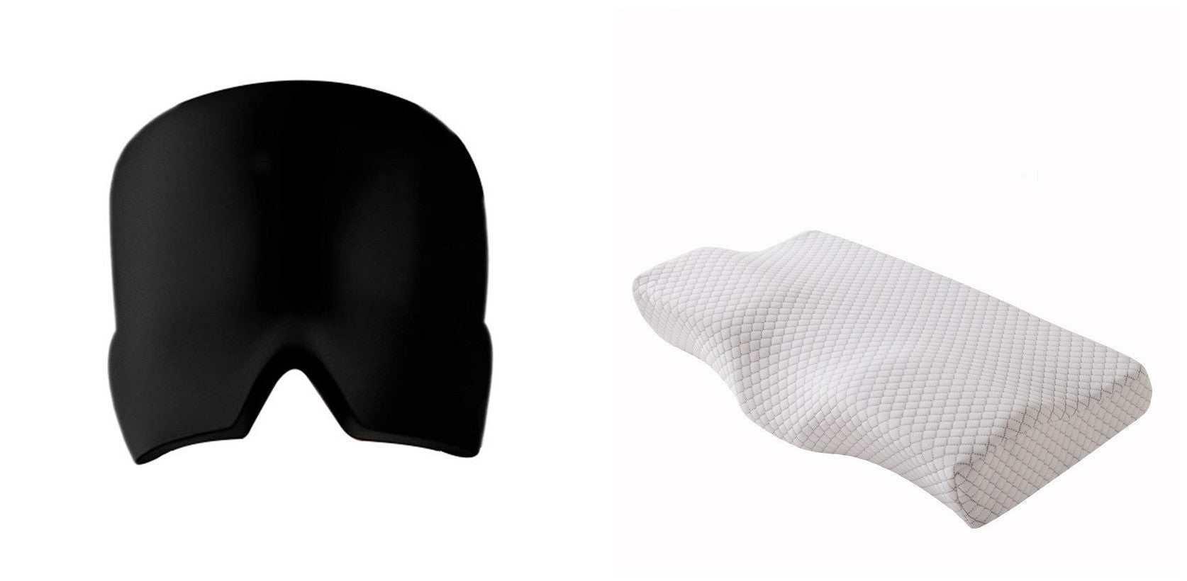 Black sculpted face mask with a smooth matte finish beside a white textured ergonomic pillow