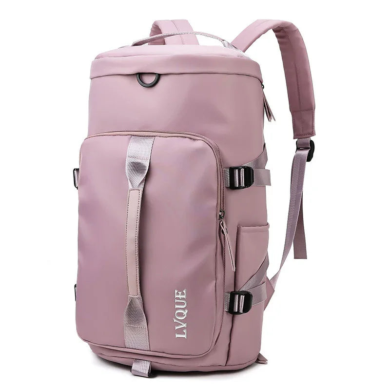 Modern pastel pink backpack with adjustable straps, waterproof fabric, large zippered pockets.