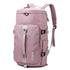 Modern pastel pink backpack with adjustable straps, waterproof fabric, large zippered pockets.