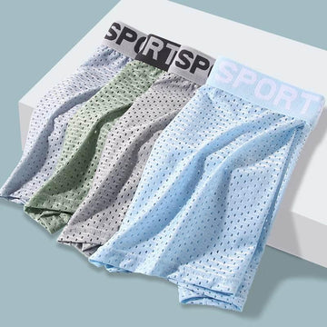 Men’s mesh boxer briefs in pastel blue, grey, and green with breathable, stretchy fit