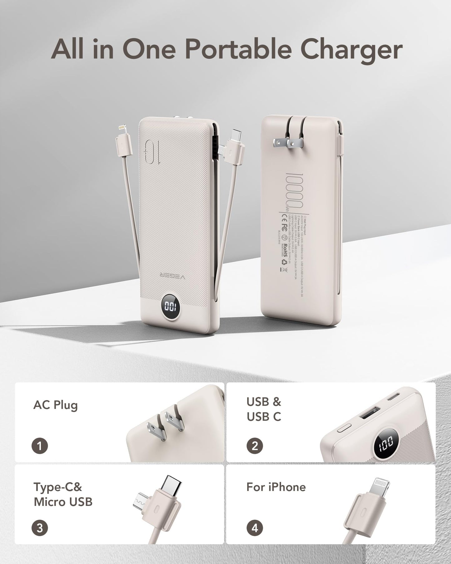 VEGER Portable Charger with Built in Cables