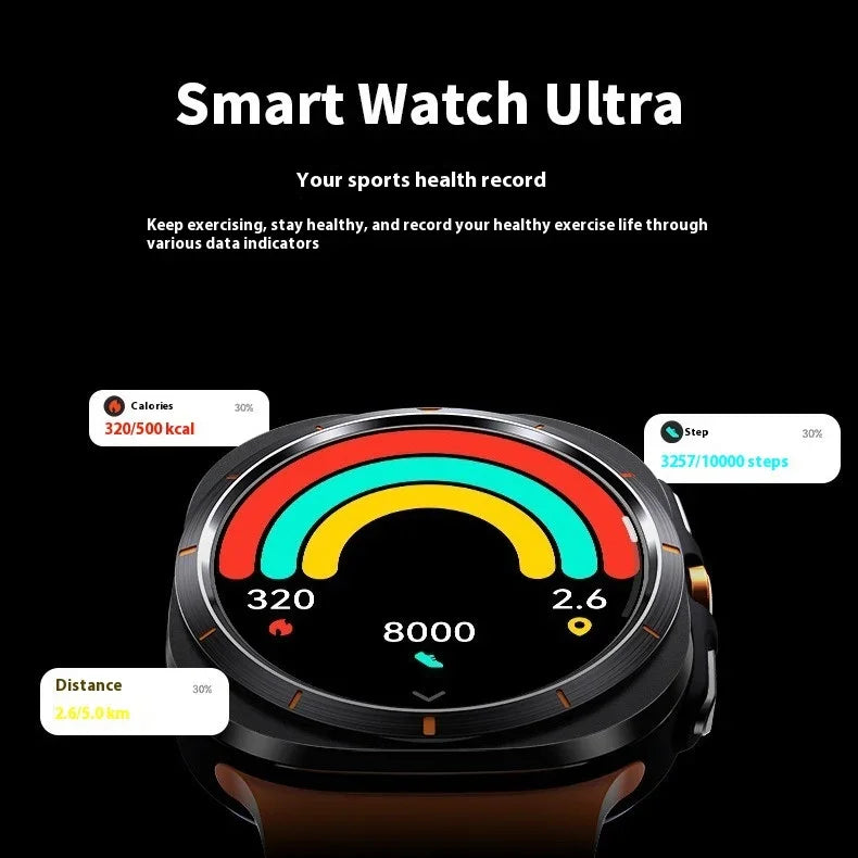 Futuristic black smart watch with round screen displaying fitness, calorie, and step tracking.