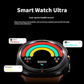 Futuristic black smart watch with round screen displaying fitness, calorie, and step tracking.