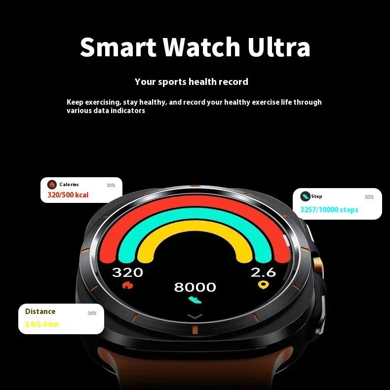 Futuristic black smart watch with round screen displaying fitness, calorie, and step tracking.