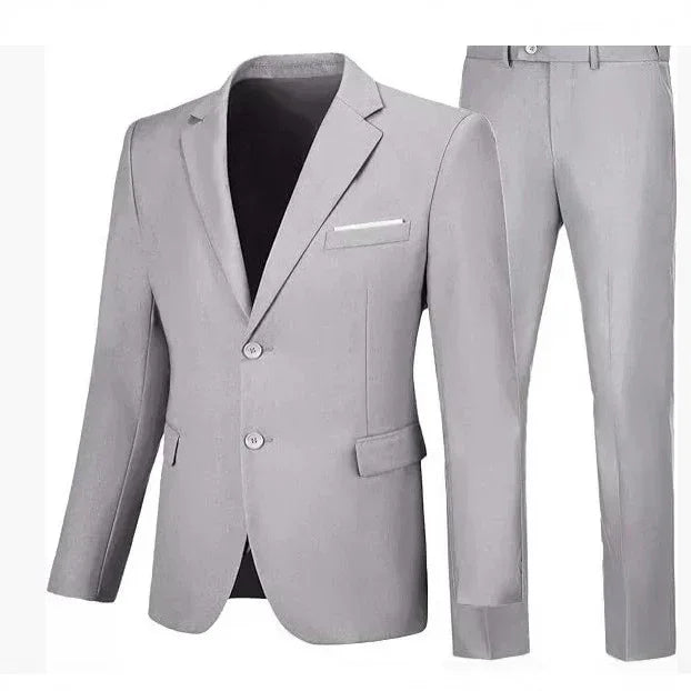 Light grey slim fit suit set with blazer and matching trousers, formal style, smooth fabric