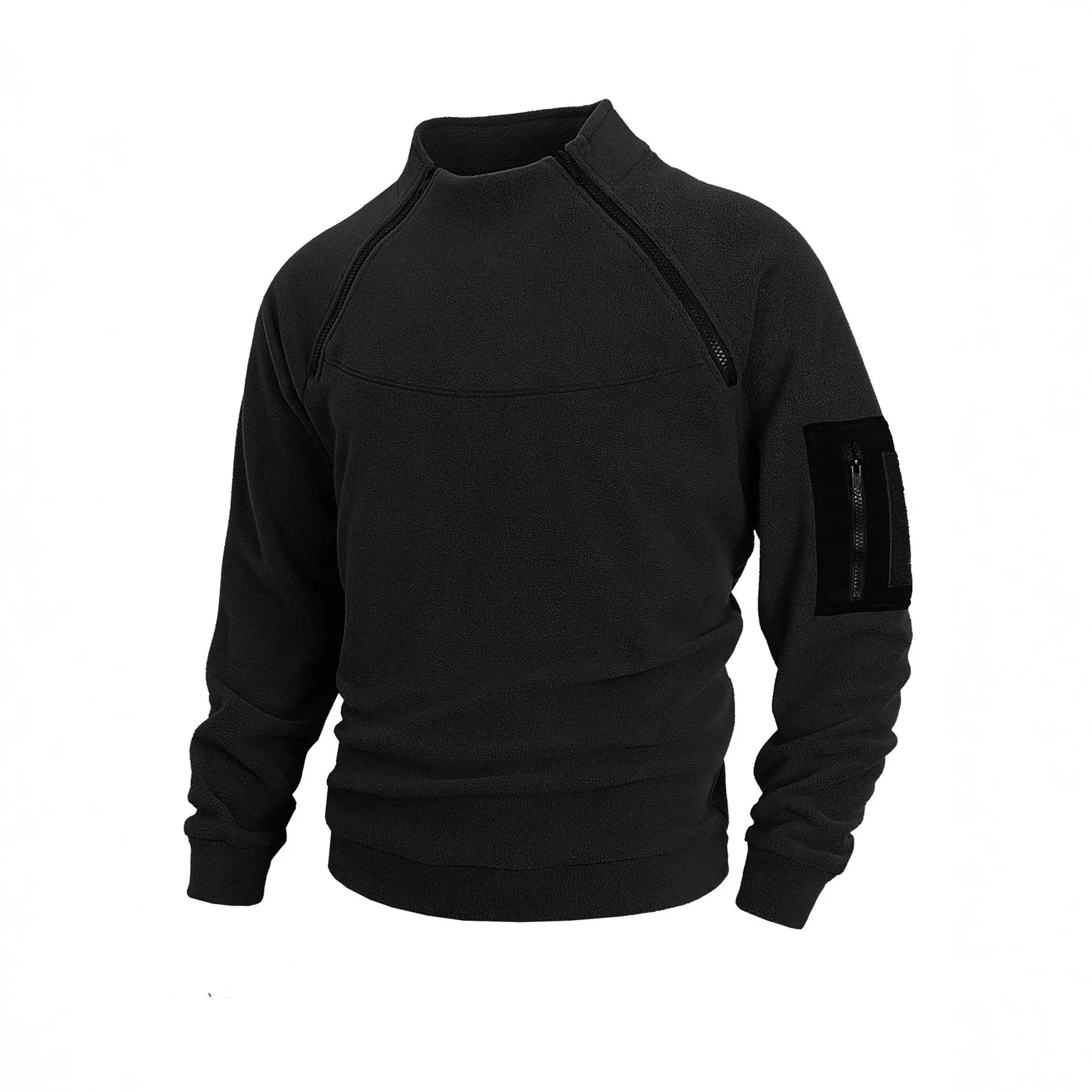 Black fleece pullover with zippered high neck and utility sleeve pocket, relaxed fit