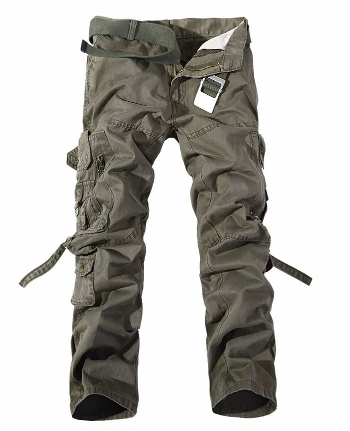 Olive green cargo pants with multiple pockets, cotton material, relaxed fit, utility straps