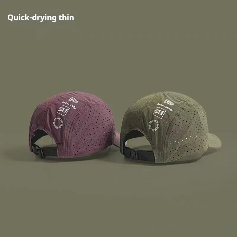 Two quick-drying thin caps, one burgundy and one olive, with perforated fabric and adjustable strap.