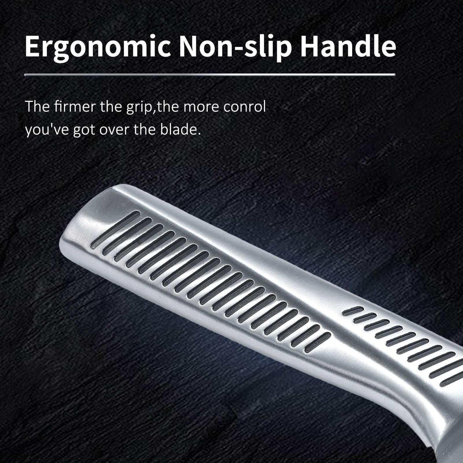 Stainless steel knife handle with ergonomic non-slip design on dark background.