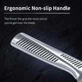 Stainless steel knife handle with ergonomic non-slip design on dark background.