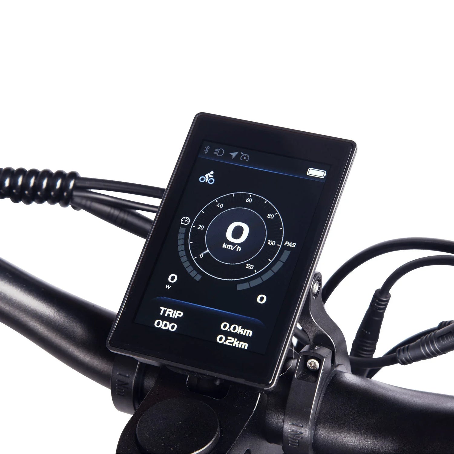 Close-up of a black digital bike display mounted on handlebars with speed and trip data
