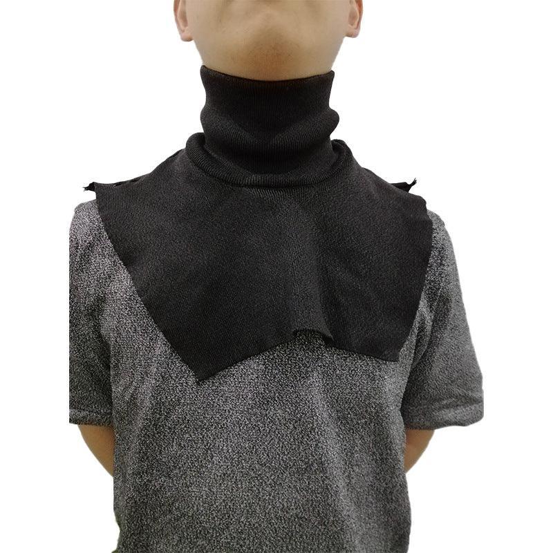 Man wearing black knit turtleneck dickey over grey short sleeve shirt, modern streetwear style
