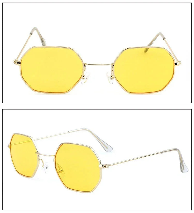 Geometric yellow lens sunglasses with thin gold metal frame, modern streetwear style.