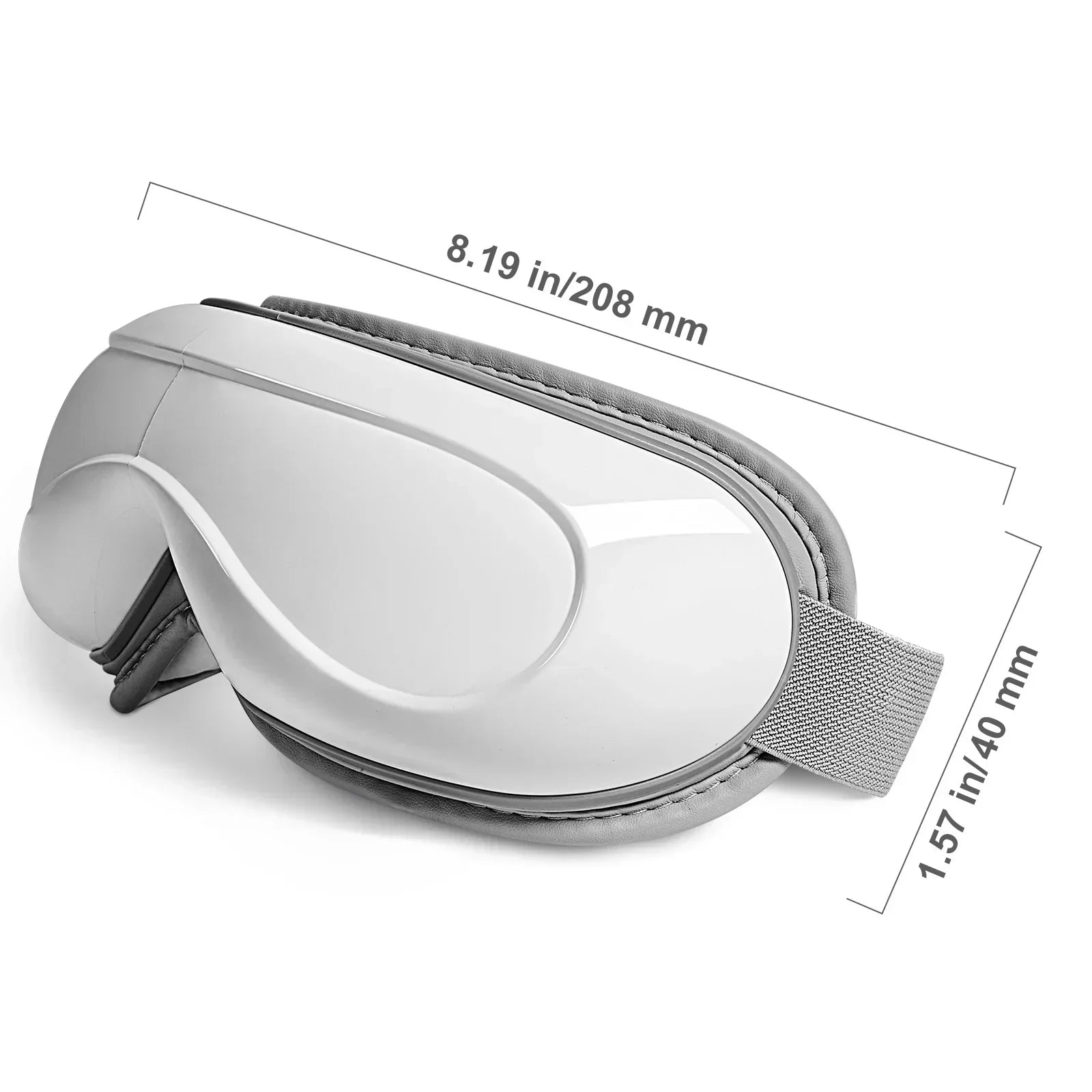Futuristic white and gray eye mask with adjustable strap, soft padded material, and ergonomic fit