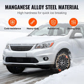 White SUV with snow chains on tires driving in winter, showcasing heavy-duty manganese alloy steel for strong grip and cold resistance.