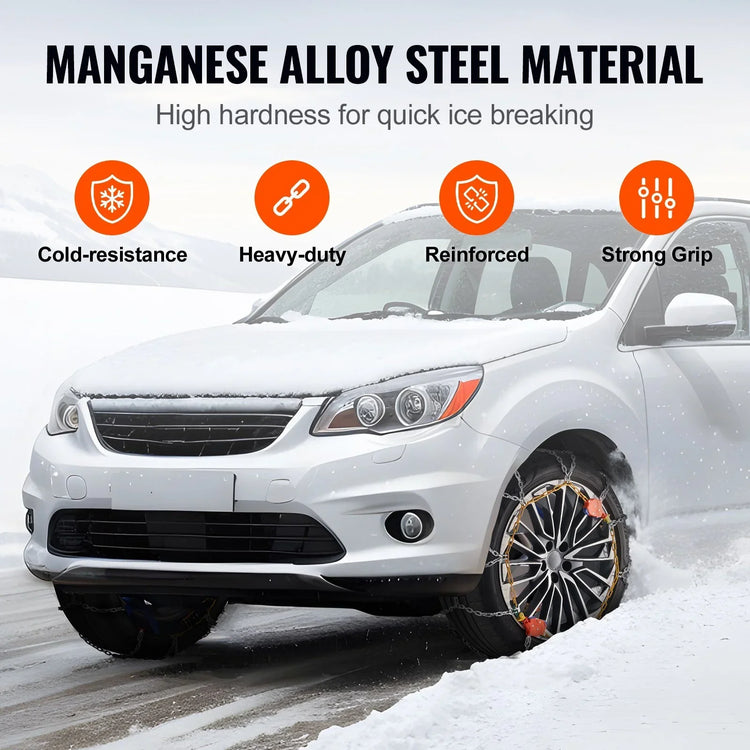 White SUV with snow chains on tires driving in winter, showcasing heavy-duty manganese alloy steel for strong grip and cold resistance.
