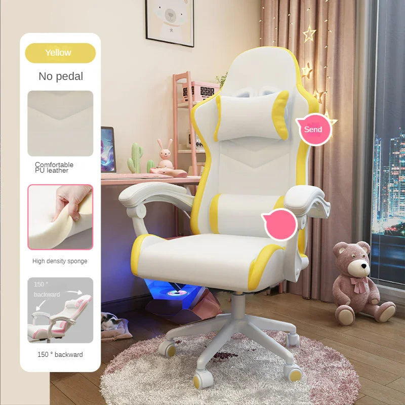 White and yellow ergonomic gaming chair with PU leather and high-density sponge in cozy bedroom