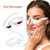Woman wearing white futuristic eye massager with soft fit and sleek design
