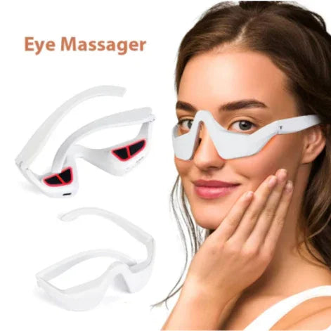 Woman wearing white futuristic eye massager with soft fit and sleek design