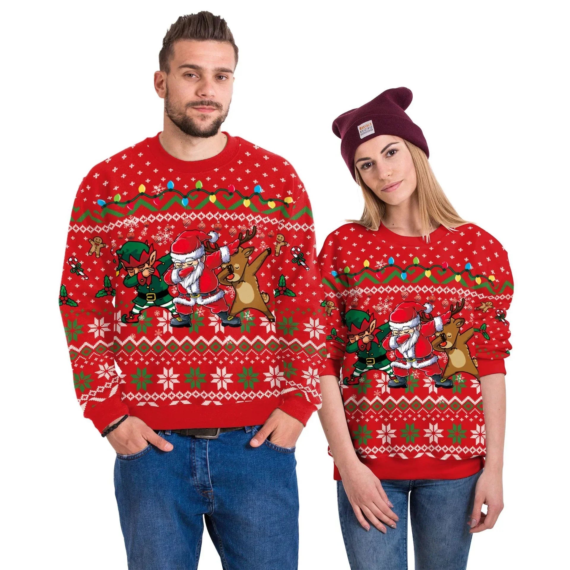 Couple wearing red Christmas sweaters with festive cartoon prints, snowflake patterns, and relaxed fit.