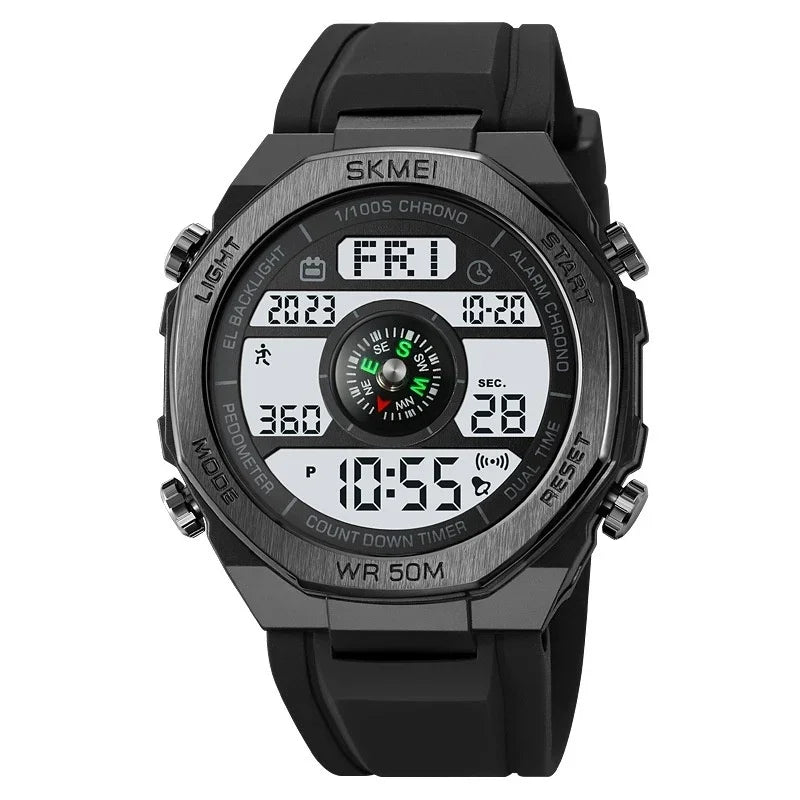 Black digital sports watch with wide silicone strap, large display, and multifunctional features.