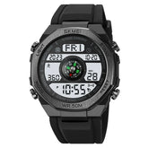 Black digital sports watch with wide silicone strap, large display, and multifunctional features.