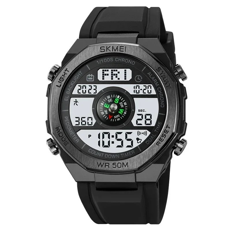 Black digital sports watch with wide silicone strap, large display, and multifunctional features.