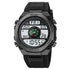Black digital sports watch with wide silicone strap, large display, and multifunctional features.