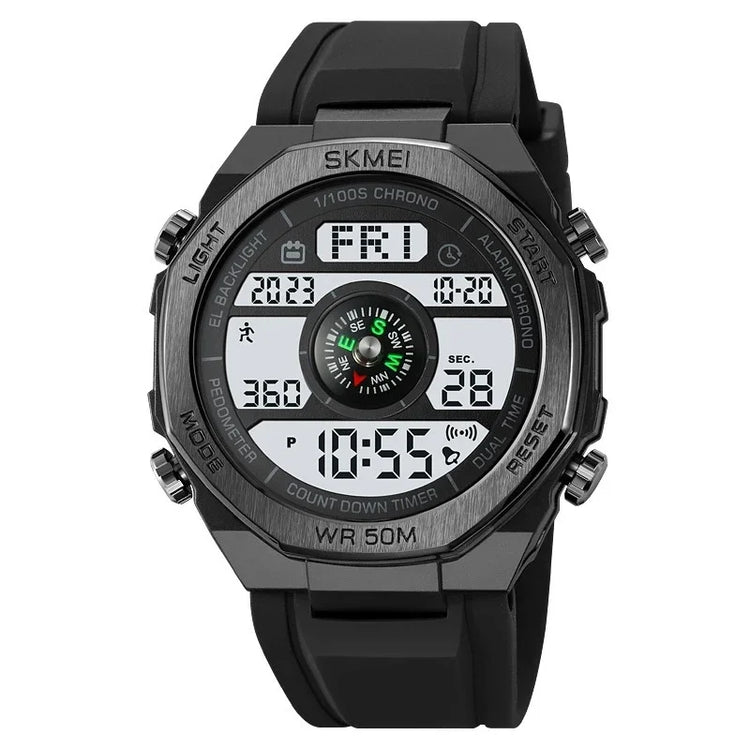 Black digital sports watch with wide silicone strap, large display, and multifunctional features.