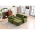 Modern green fabric modular sofa with ottoman and pillows in a bright living room