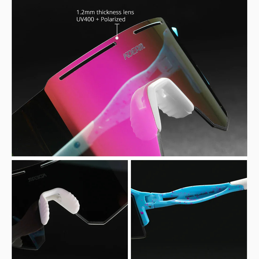 Futuristic visor sunglasses with pink gradient lens, white arms, blue splatter detail, polarized UV400 protection.