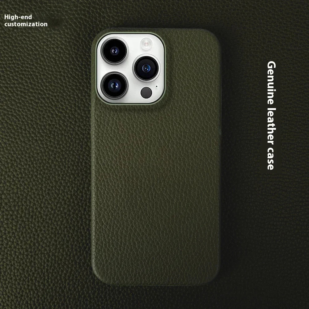 Dark green genuine leather phone case with textured finish, slim fit, and precise camera cutout