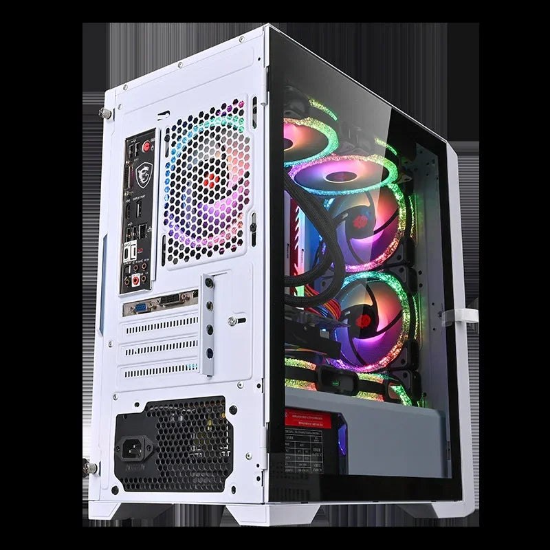 White gaming PC case with glass panel and RGB cooling fans, modern tech setup