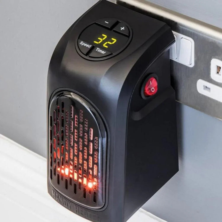 Compact black plug-in electric heater with digital display and adjustable temperature