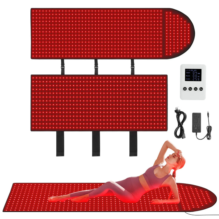 Woman in fitted lavender athletic wear on a glowing red LED therapy mat