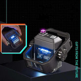 Futuristic black tech accessory with LED lights and transparent panels, modern design