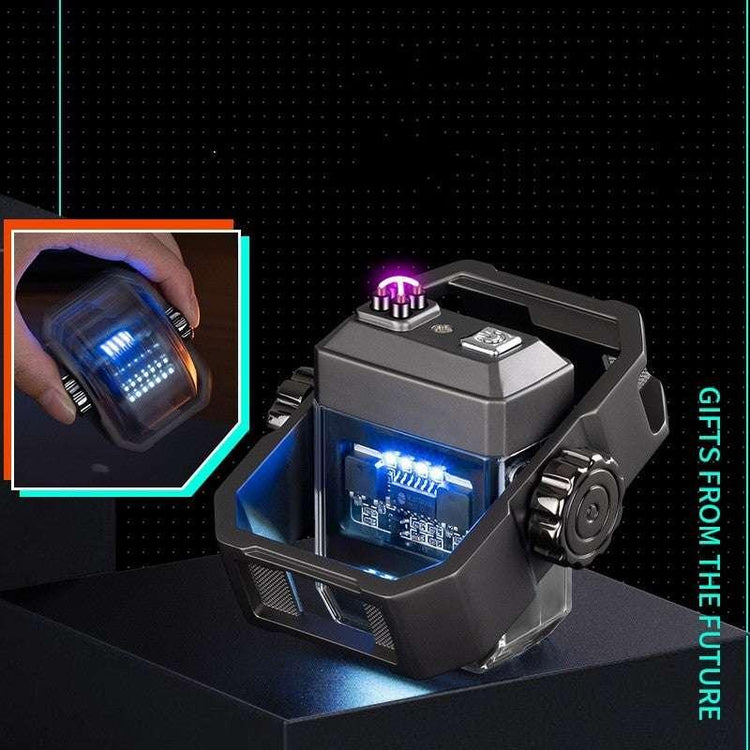 Futuristic black tech accessory with LED lights and transparent panels, modern design