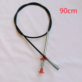 Black cable with metal ends and red spring tip, 90cm length, on white background