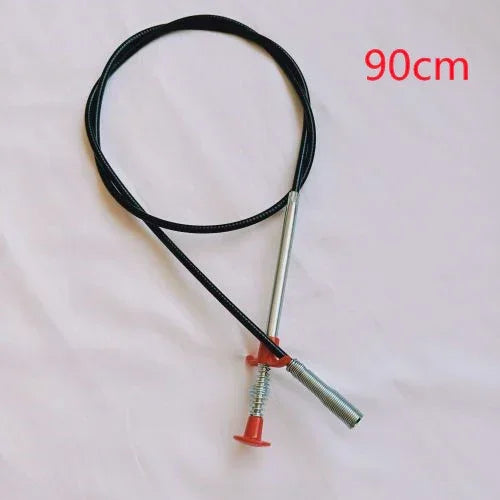 Black cable with metal ends and red spring tip, 90cm length, on white background