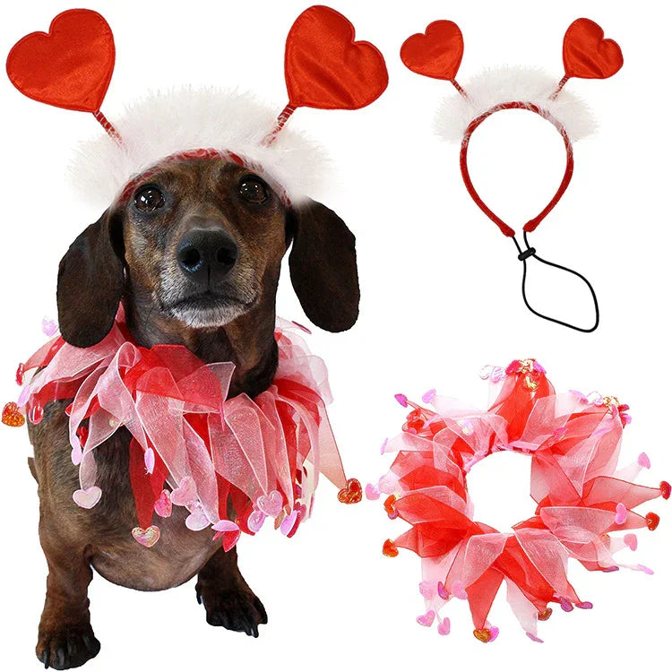 Dog wearing red and pink tulle collar and headband with heart-shaped antennas, festive pet costume